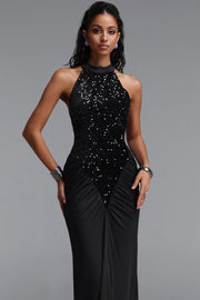 Octavia Elegant Contour Sleeveless Slit Sequin Woven Black Maxi Dress